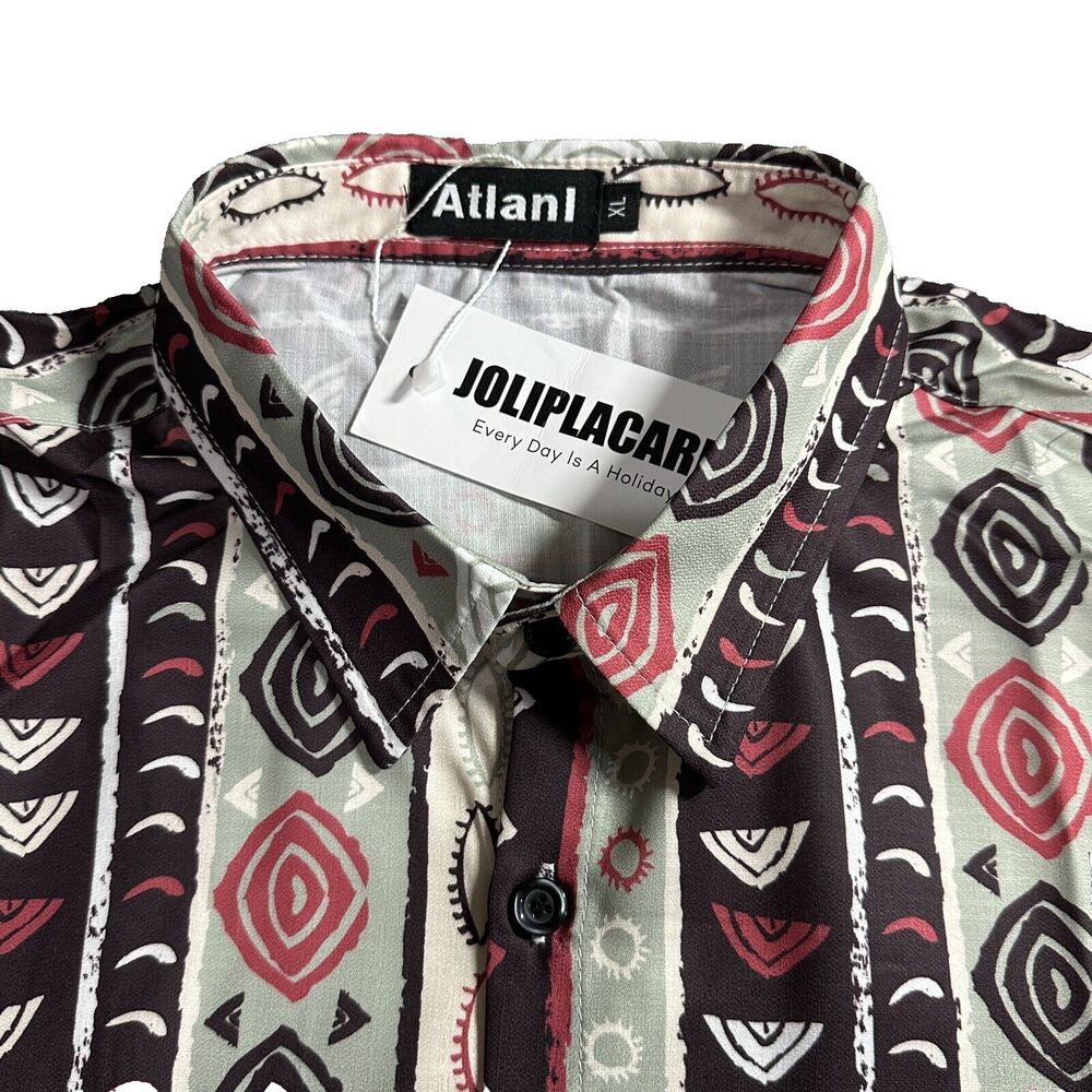 Atlanl‎ Mens Shirt XL Retro Leisure Cotton Button Geometric Short Sleeve NWT